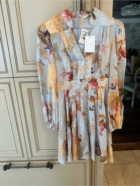 Zimmermann Pale Blue Floral Button-Front Long Sleeve Mini Dress